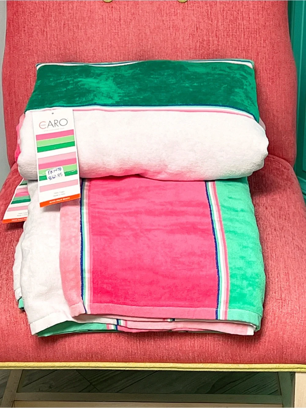 NWT Caro 100% cotton SO Soft! Vibrant Striped Beach Towel in Green, Pink & white